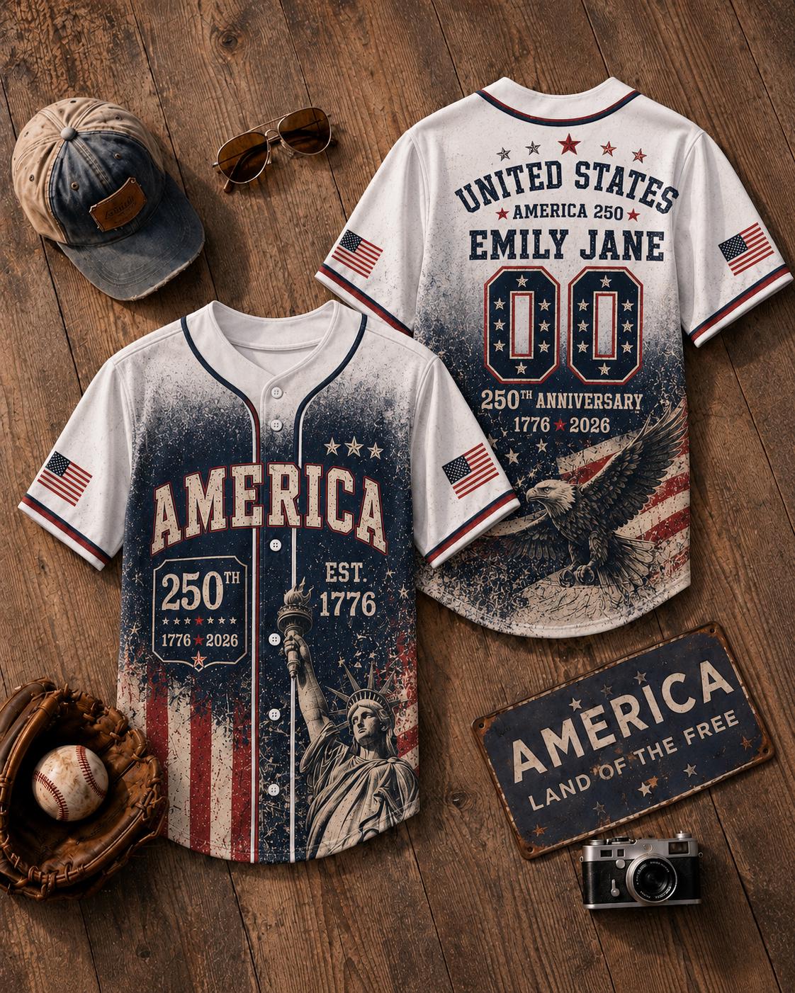Personalized America 250 Baseball Jersey, Custom Name Number Vintage Jersey, 250th Anniversary 1776-2026, 4th of July Gift, Patriotic Tee
