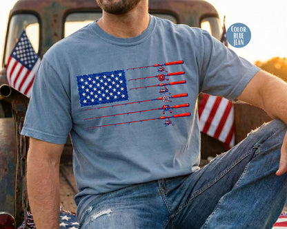 Comfort Colors Mens Fishing American Flag Shirt, 4th of July Fishing Shirts