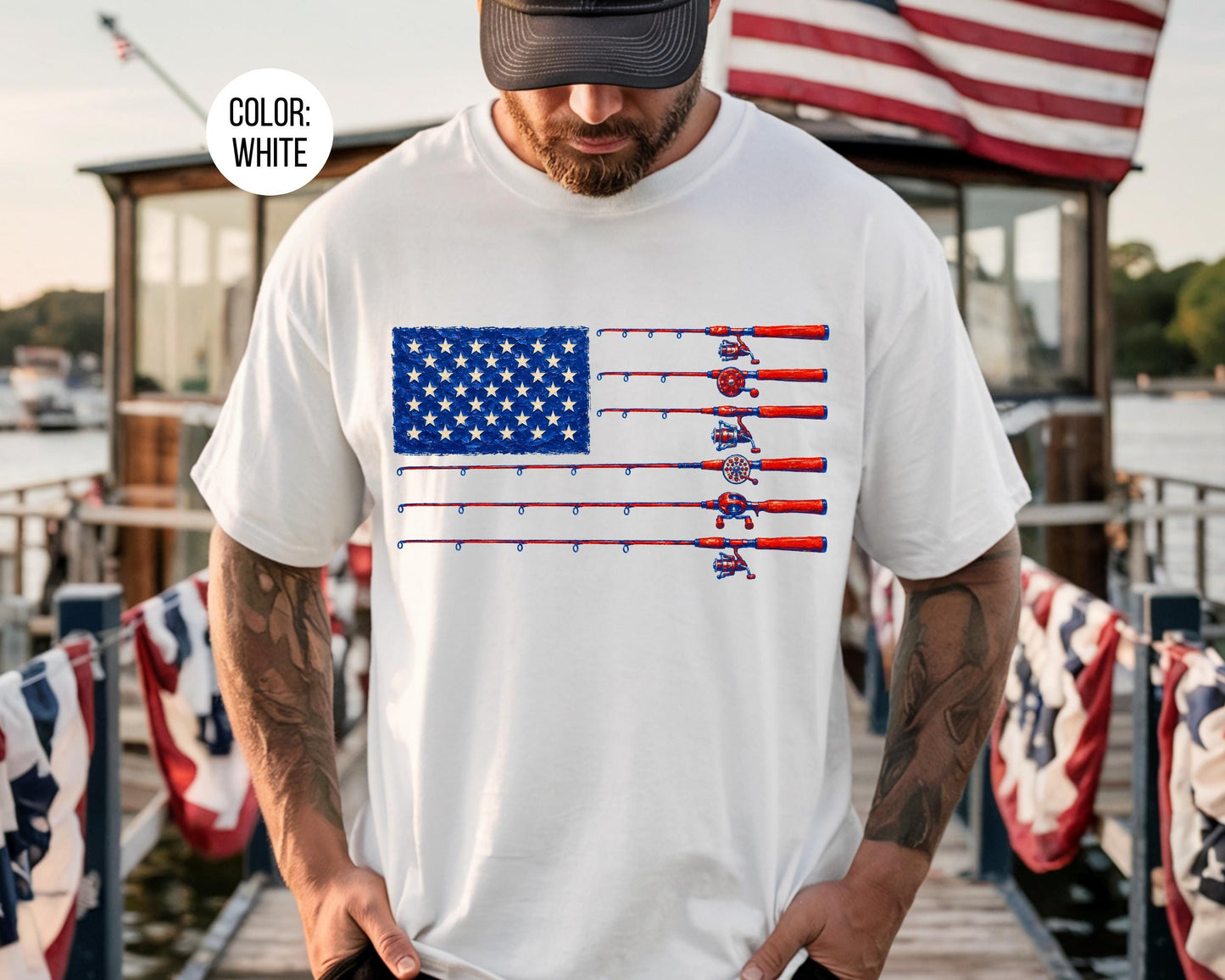 Comfort Colors Mens Fishing American Flag Shirt, 4th of July Fishing Shirts