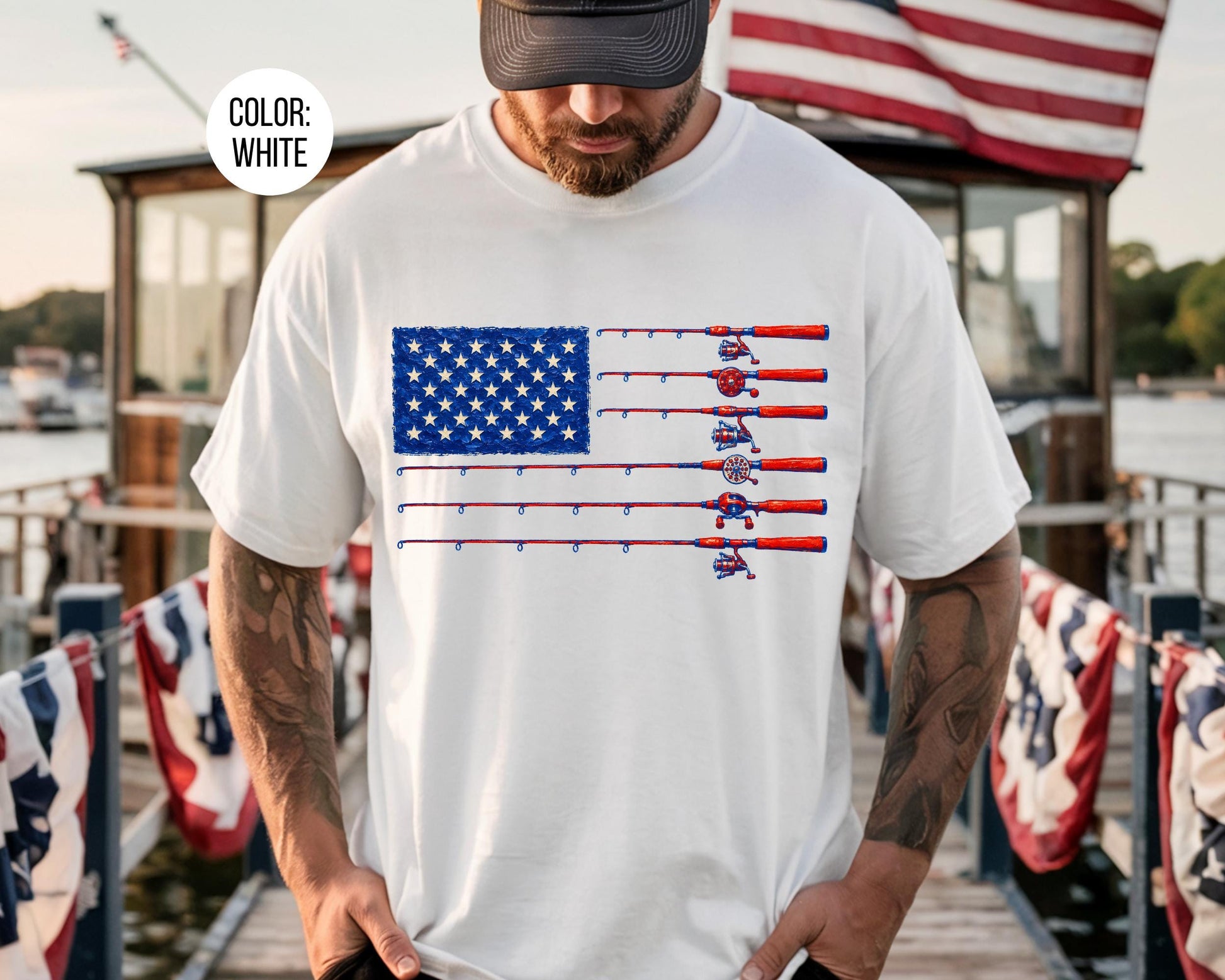Comfort Colors Mens Fishing American Flag Shirt, 4th of July Fishing Shirts