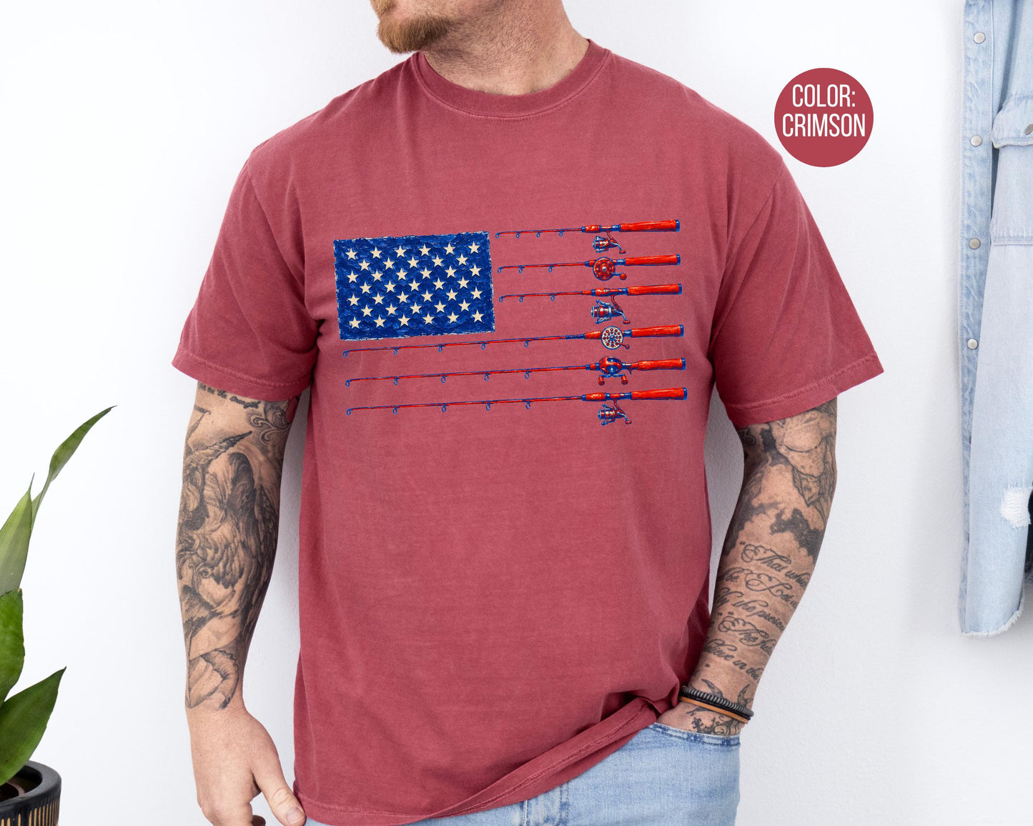 Comfort Colors Mens Fishing American Flag Shirt, 4th of July Fishing Shirts