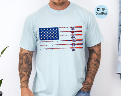 Comfort Colors Mens Fishing American Flag Shirt, 4th of July Fishing Shirts