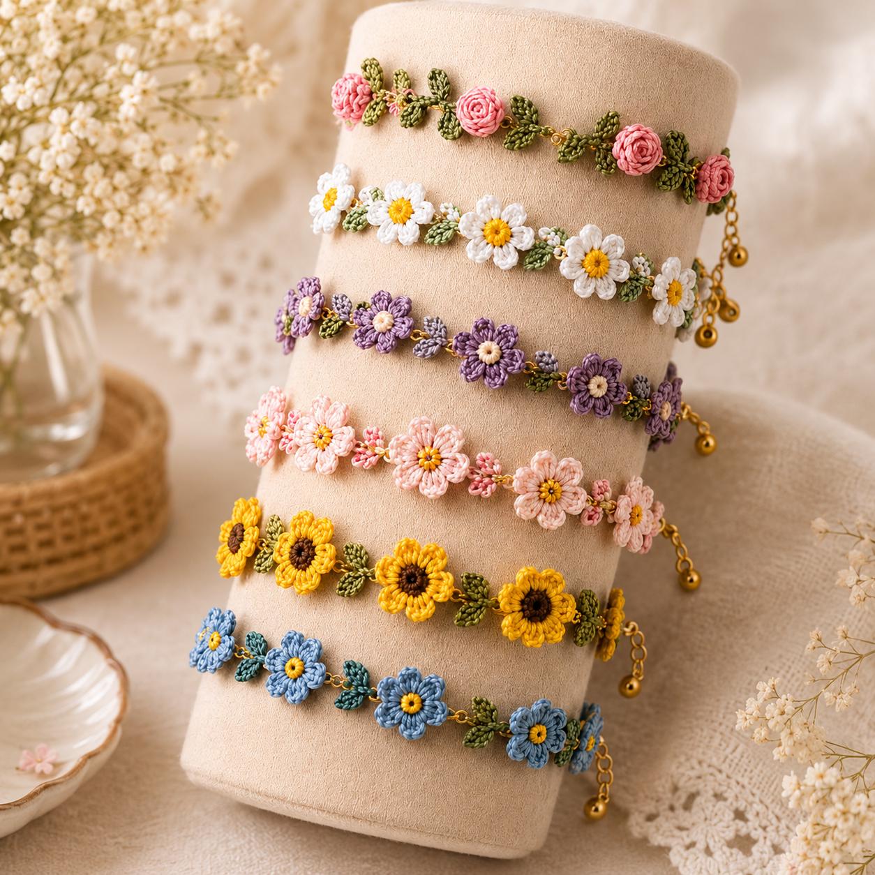 Crochet Flower Bracelet, Handmade Daisy Bracelet, Floral Friendship Bracelet, Cute Summer Jewelry, Gift for Her, Adjustable Bracelet