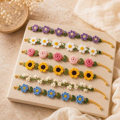 Crochet Flower Bracelet, Handmade Daisy Bracelet, Floral Friendship Bracelet, Cute Summer Jewelry, Gift for Her, Adjustable Bracelet