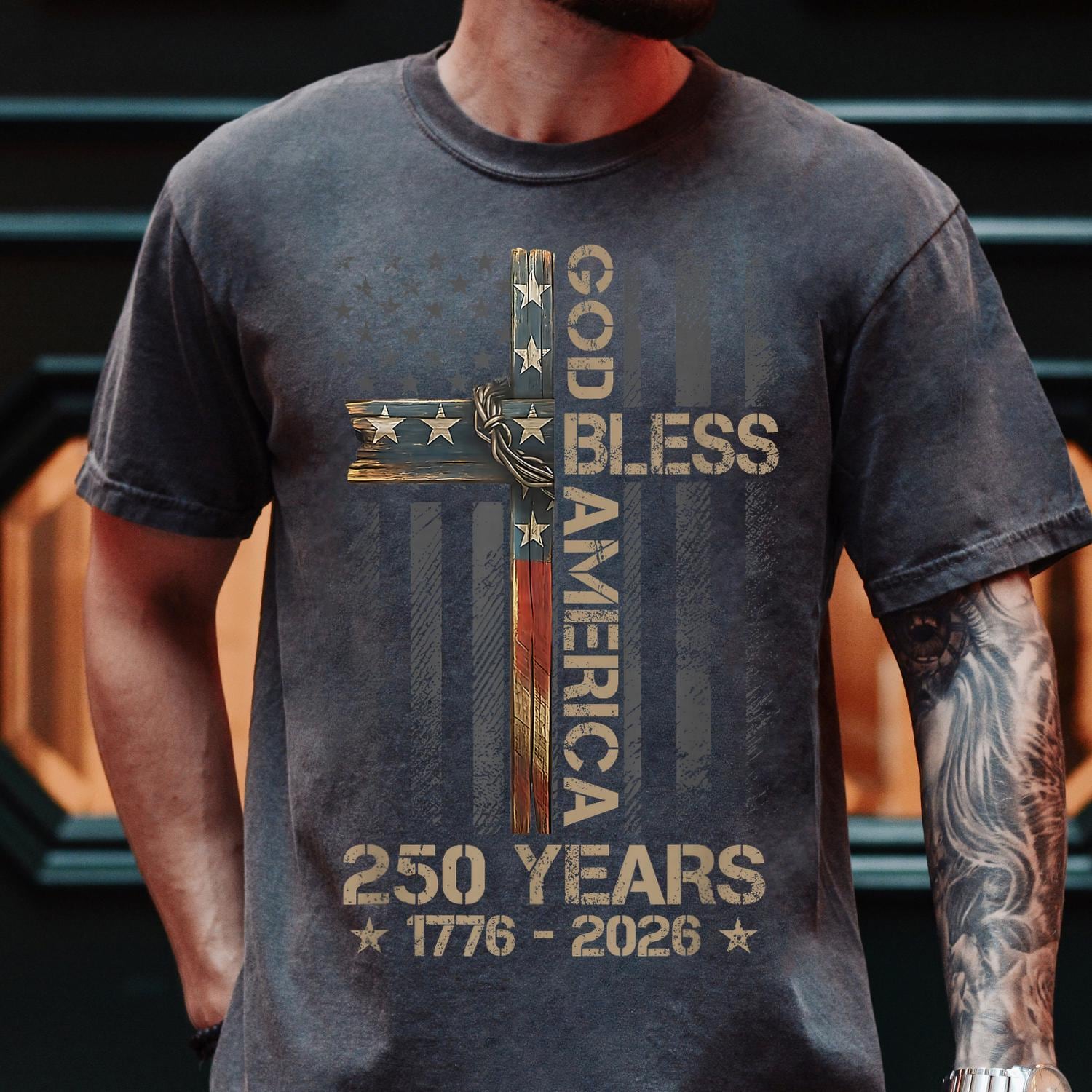 God Bless America Shirt, Comfort Colors Patriotic Cross Tee, 250 Years 1776 2026 Christian USA Flag T-Shirt, Fourth of July