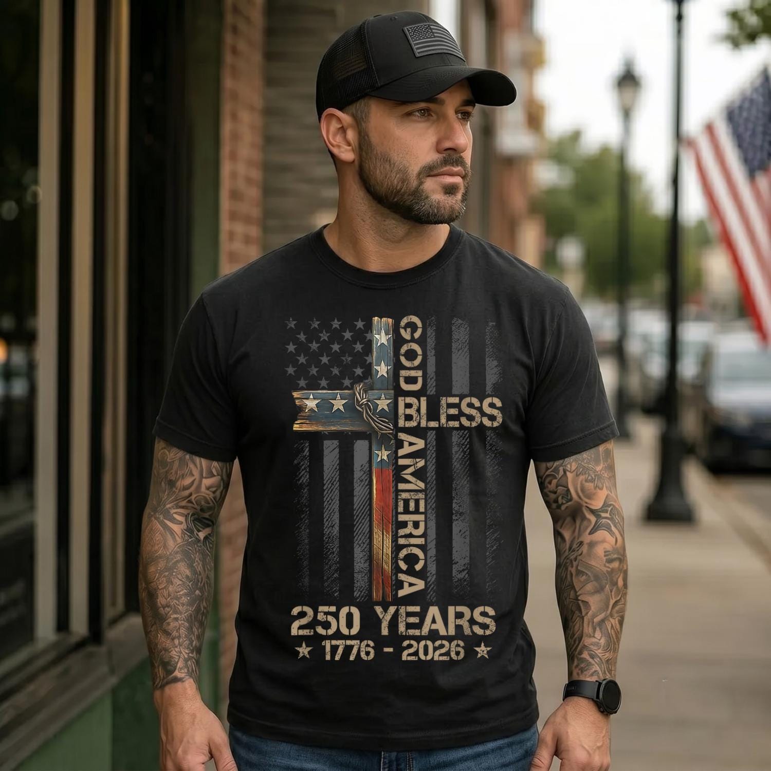 God Bless America Shirt, Comfort Colors Patriotic Cross Tee, 250 Years 1776 2026 Christian USA Flag T-Shirt, Fourth of July