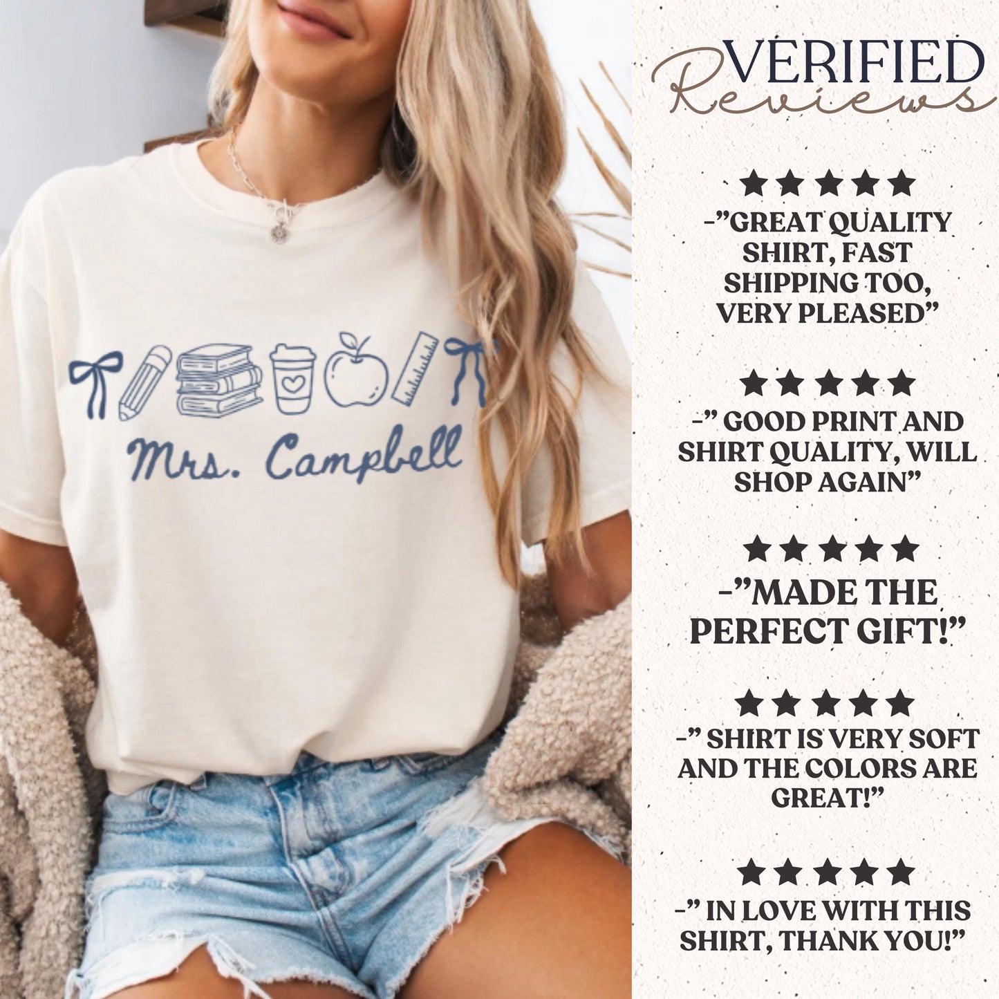 Comfort Colors® Custom Name Teacher Shirt, Coquette Personalized Teacher Gift For New Teacher Appreciation Day