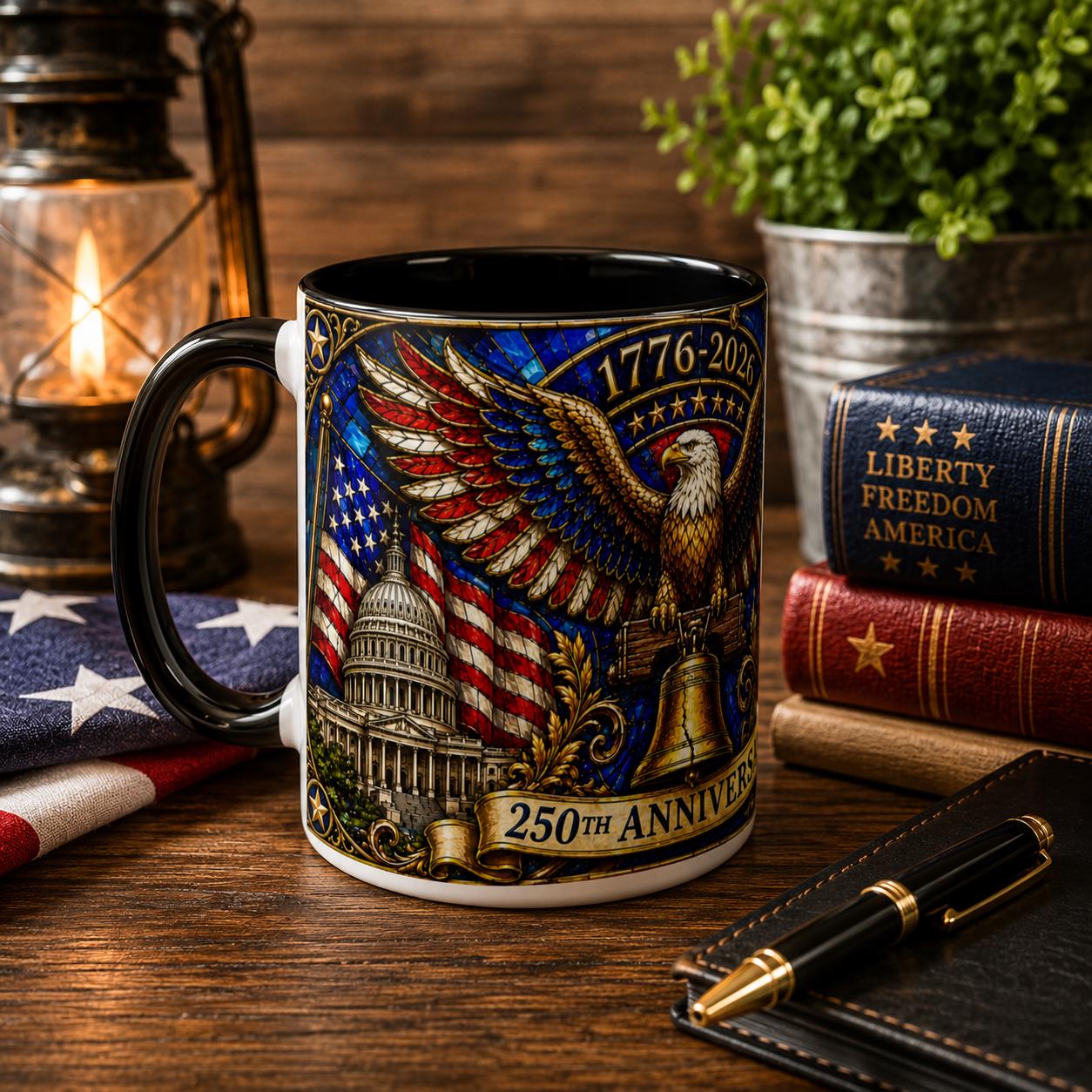 1776-2026 America 250th Anniversary Mug, We The People Patriotic Mug, USA Coffee Cup, Black Dad Gift, Stained Glass Effect 15oz Mug