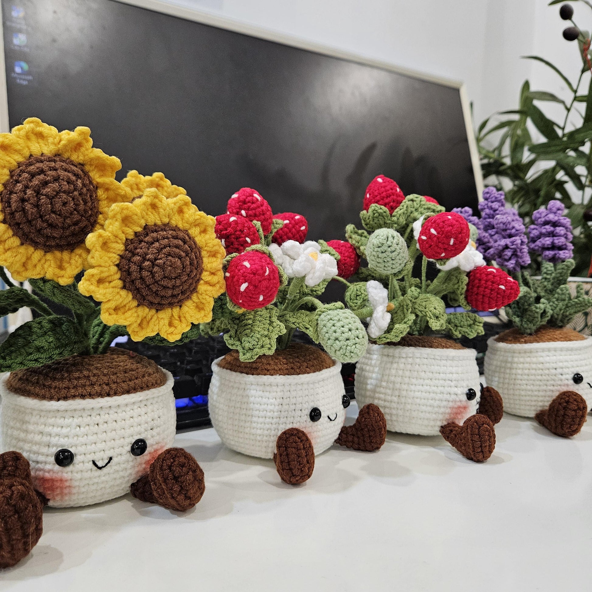 Crochet Flower Pot Set with Mushroom Sunflower Lavender Strawberry Rose Tulip Designs