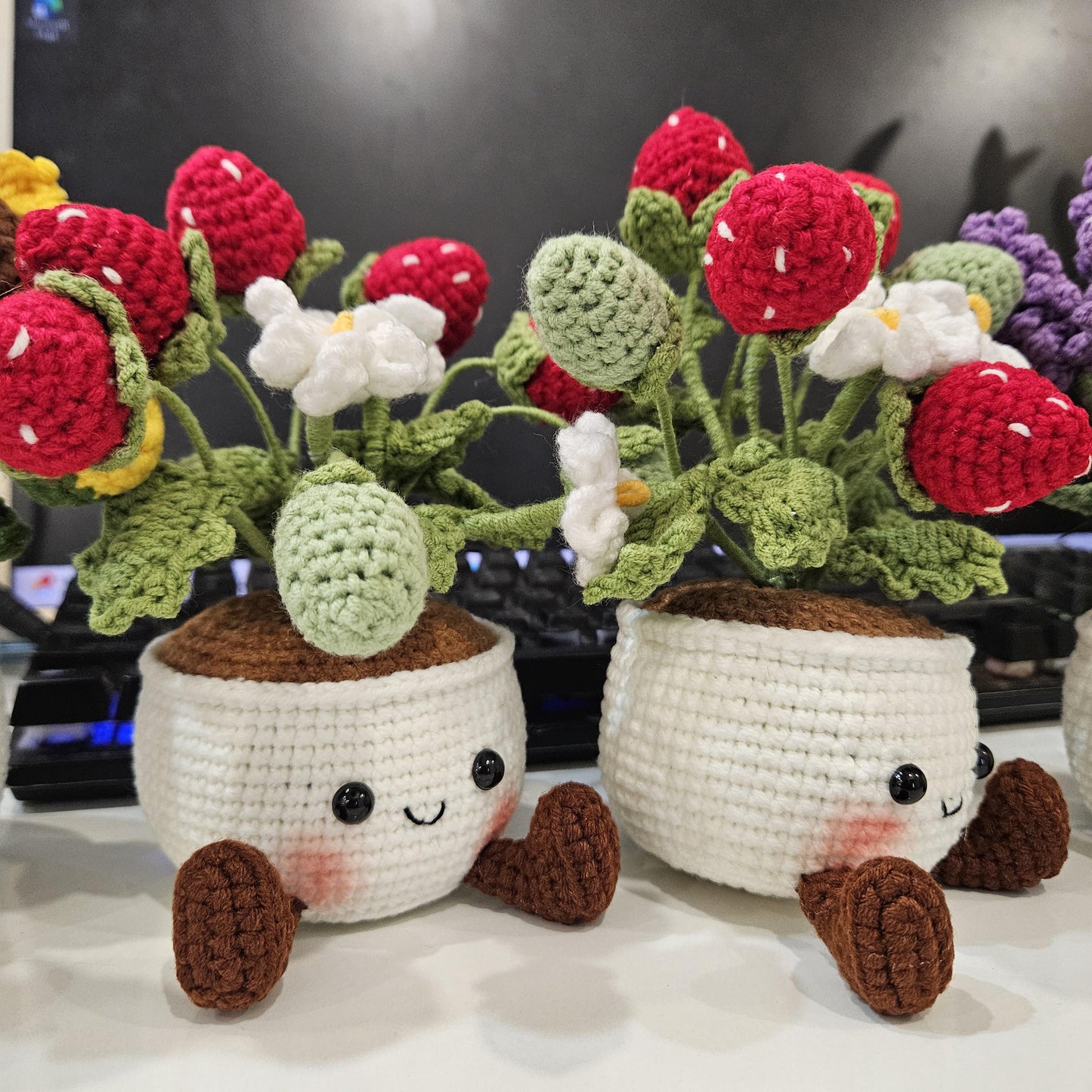 Crochet Flower Pot Set with Mushroom Sunflower Lavender Strawberry Rose Tulip Designs