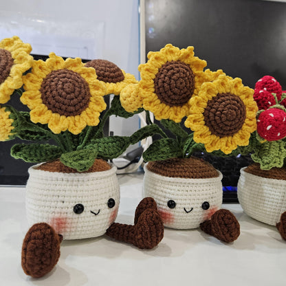 Crochet Flower Pot Set with Mushroom Sunflower Lavender Strawberry Rose Tulip Designs