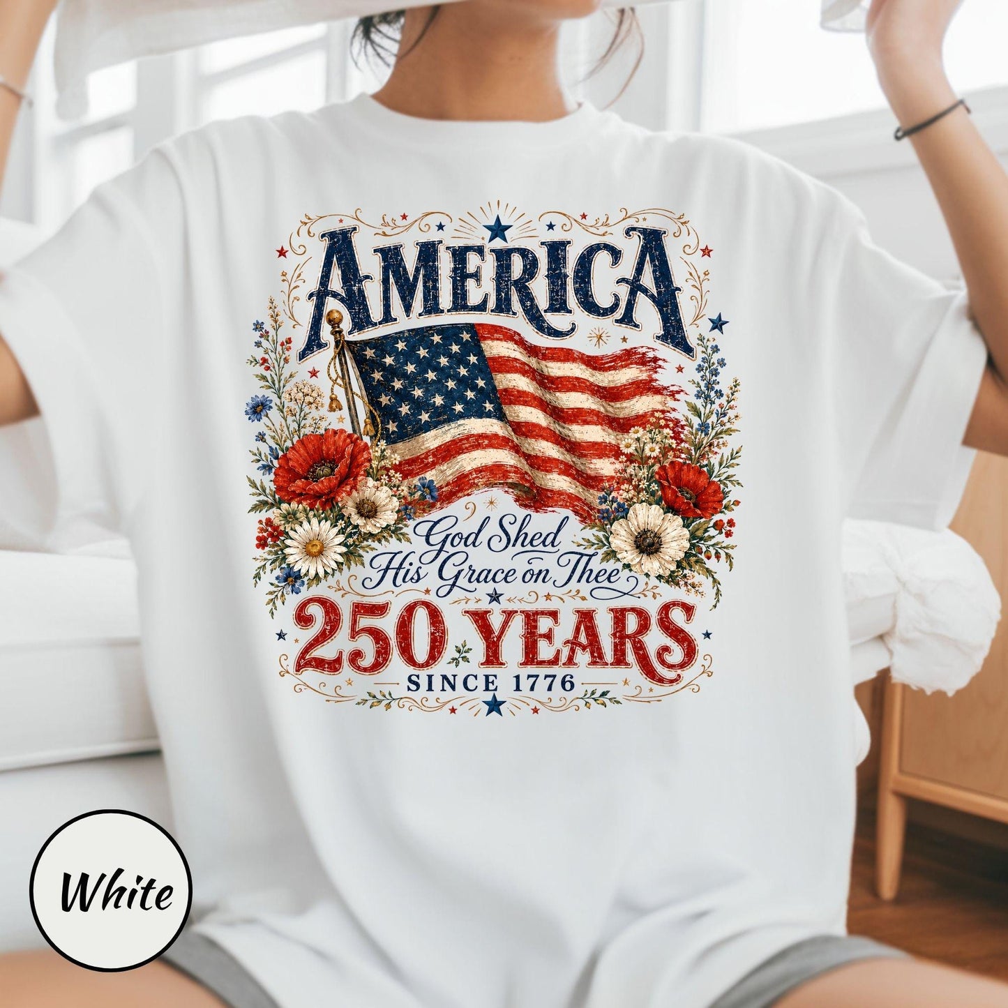 Comfort Colors® 250 Years Flag & Poppies Shirt, Patriotic Floral T-Shirt, God Shed His Grace on Thee Tee, 250th Anniversary Shirt