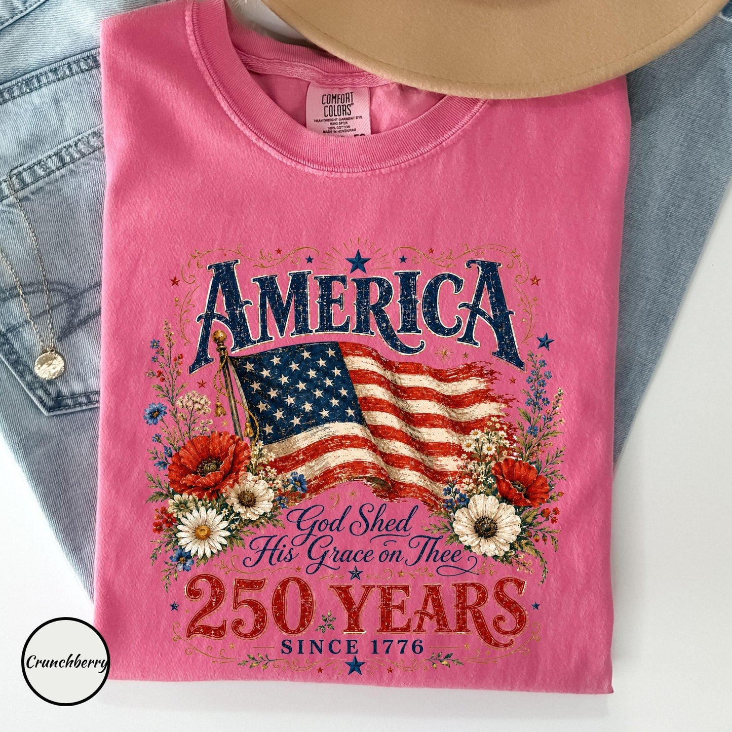 Comfort Colors® 250 Years Flag & Poppies Shirt, Patriotic Floral T-Shirt, God Shed His Grace on Thee Tee, 250th Anniversary Shirt