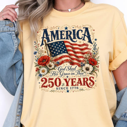 Comfort Colors® 250 Years Flag & Poppies Shirt, Patriotic Floral T-Shirt, God Shed His Grace on Thee Tee, 250th Anniversary Shirt