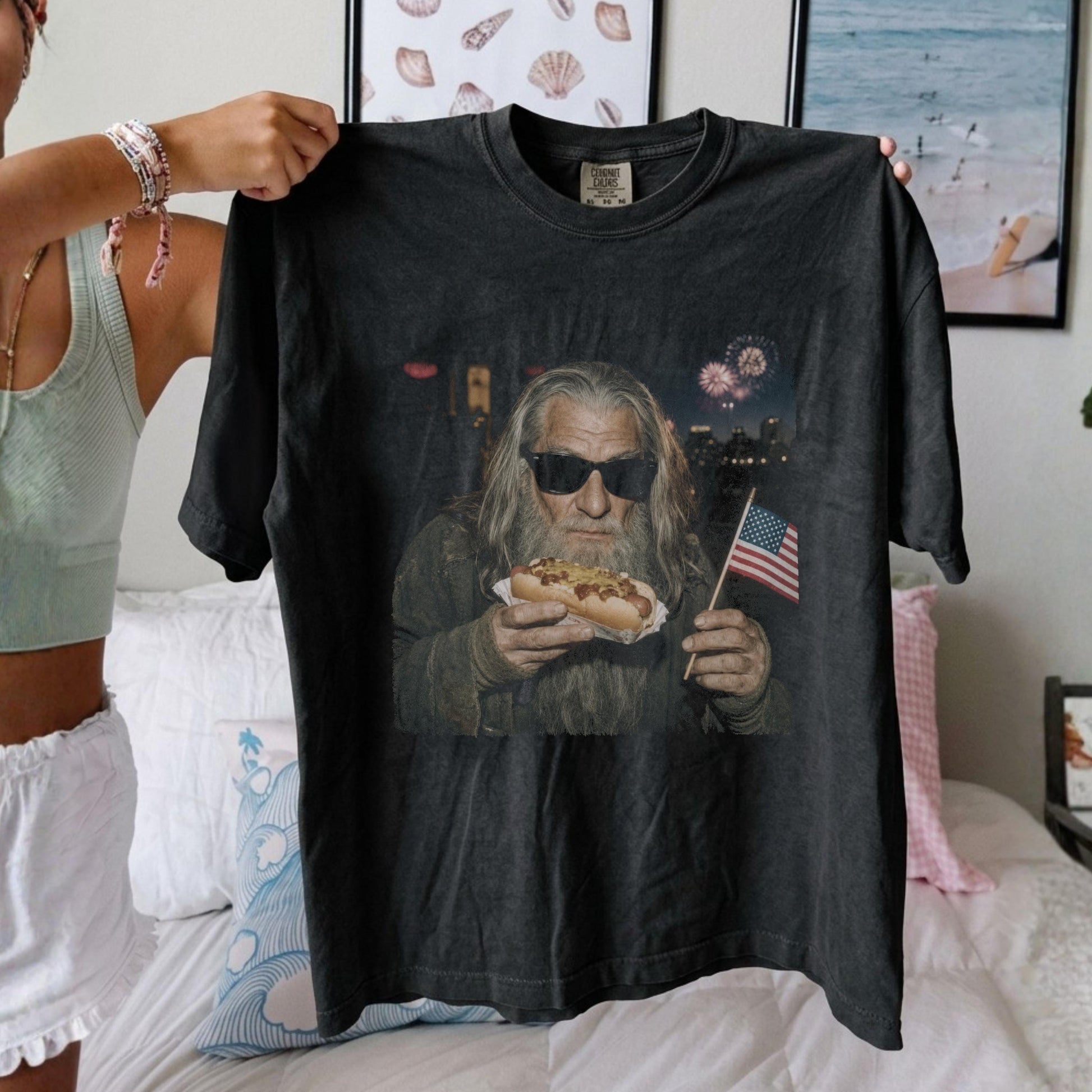 4th of July Gandalf Wizard Hotdog Shirt, LOTR Inspired Comfort Colors T-Shirts, Funny LOTR Wizard Meme Graphic Tee, Patriotic Gift