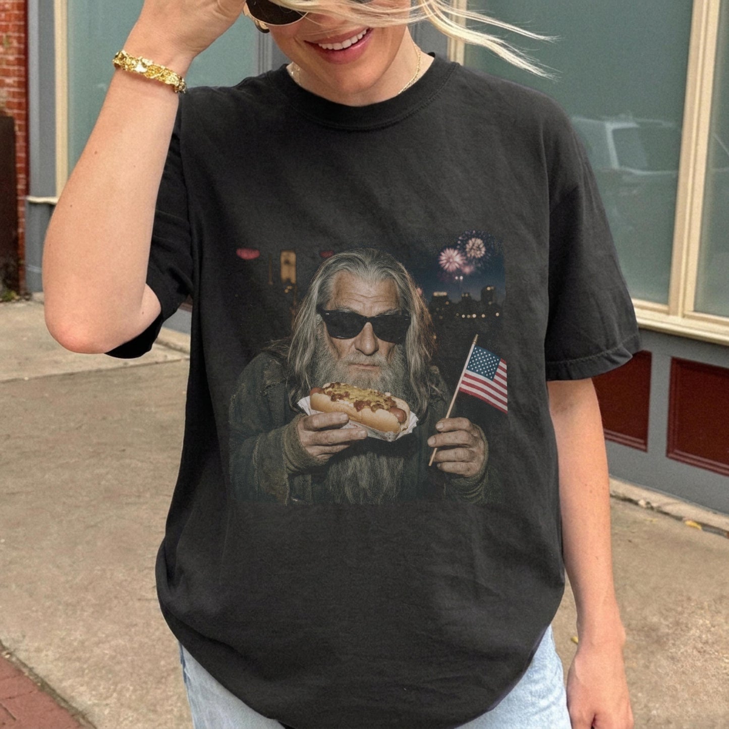 4th of July Gandalf Wizard Hotdog Shirt, LOTR Inspired Comfort Colors T-Shirts, Funny LOTR Wizard Meme Graphic Tee, Patriotic Gift