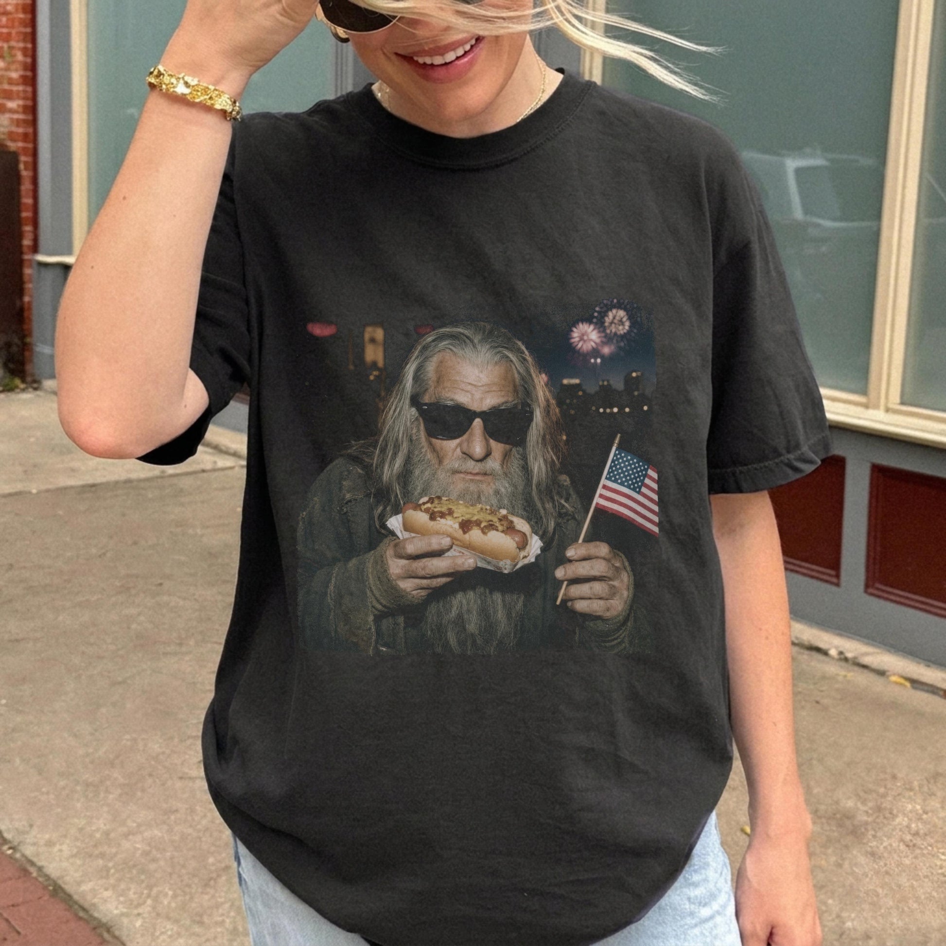 4th of July Gandalf Wizard Hotdog Shirt, LOTR Inspired Comfort Colors T-Shirts, Funny LOTR Wizard Meme Graphic Tee, Patriotic Gift