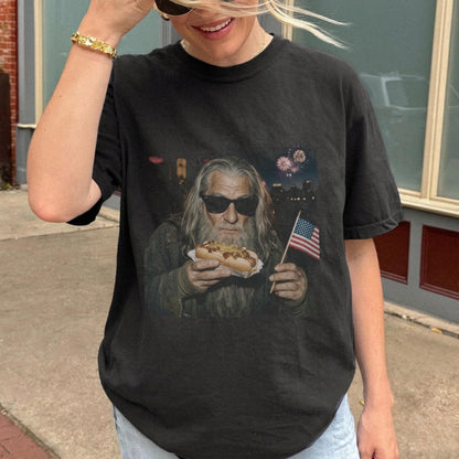 4th of July Gandalf Wizard Hotdog Shirt, LOTR Inspired Comfort Colors T-Shirts, Funny LOTR Wizard Meme Graphic Tee, Patriotic Gift