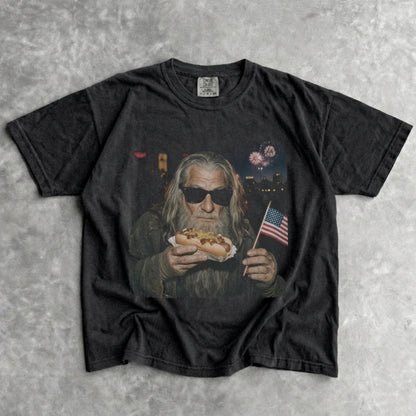4th of July Gandalf Wizard Hotdog Shirt, LOTR Inspired Comfort Colors T-Shirts, Funny LOTR Wizard Meme Graphic Tee, Patriotic Gift