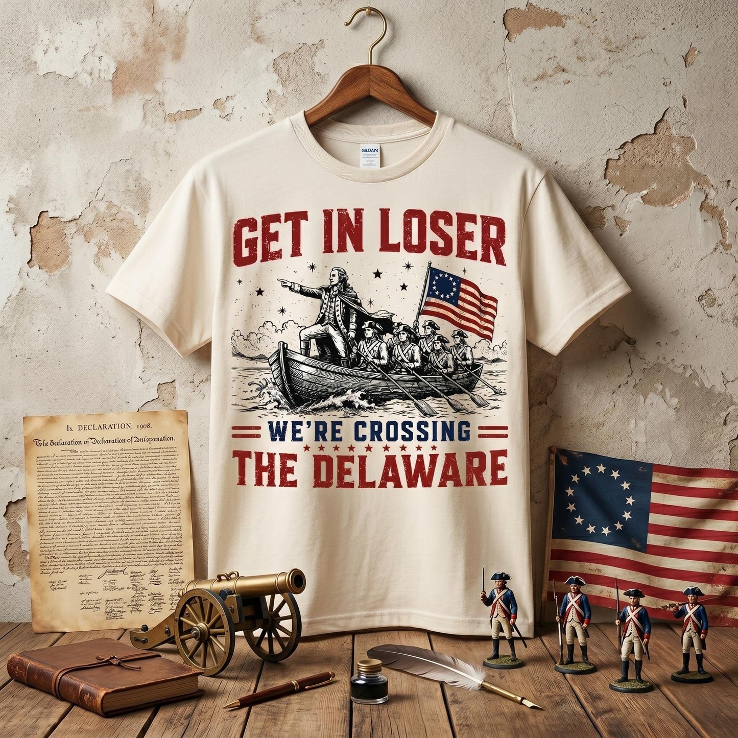 Get In Loser We're Crossing The Delaware Shirt, Funny George Washington Tee, 4th of July 250th Anniversary T-Shirt, Patriotic History Meme