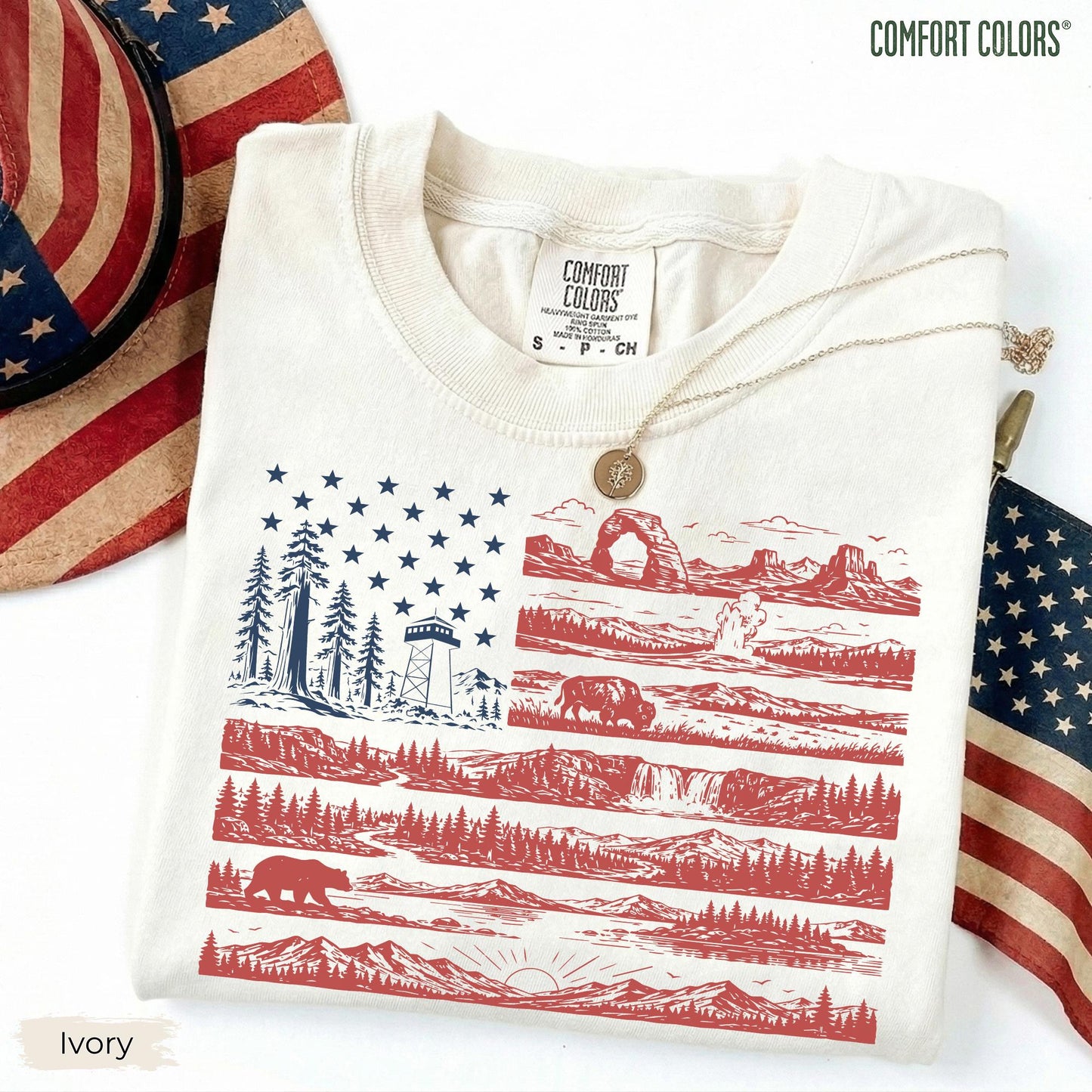 Comfort Colors National Parks American Flag Shirt, Coastal Patriotic Shirt, Beachy Nautical American Flag, USA Gift