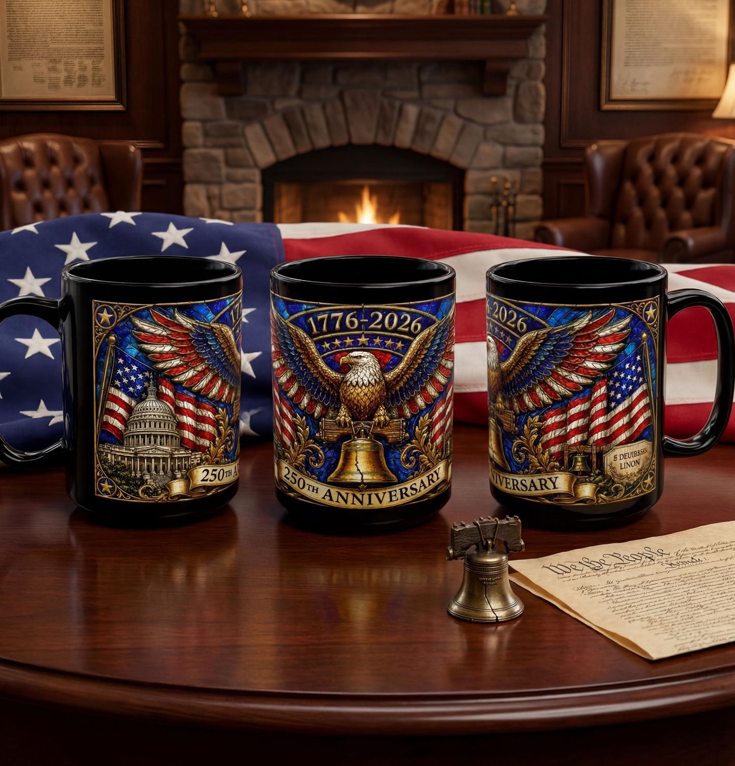 1776-2026 America 250th Anniversary Mug, We The People Patriotic Mug, USA Coffee Cup, Black Dad Gift, Stained Glass Effect 15oz Mug