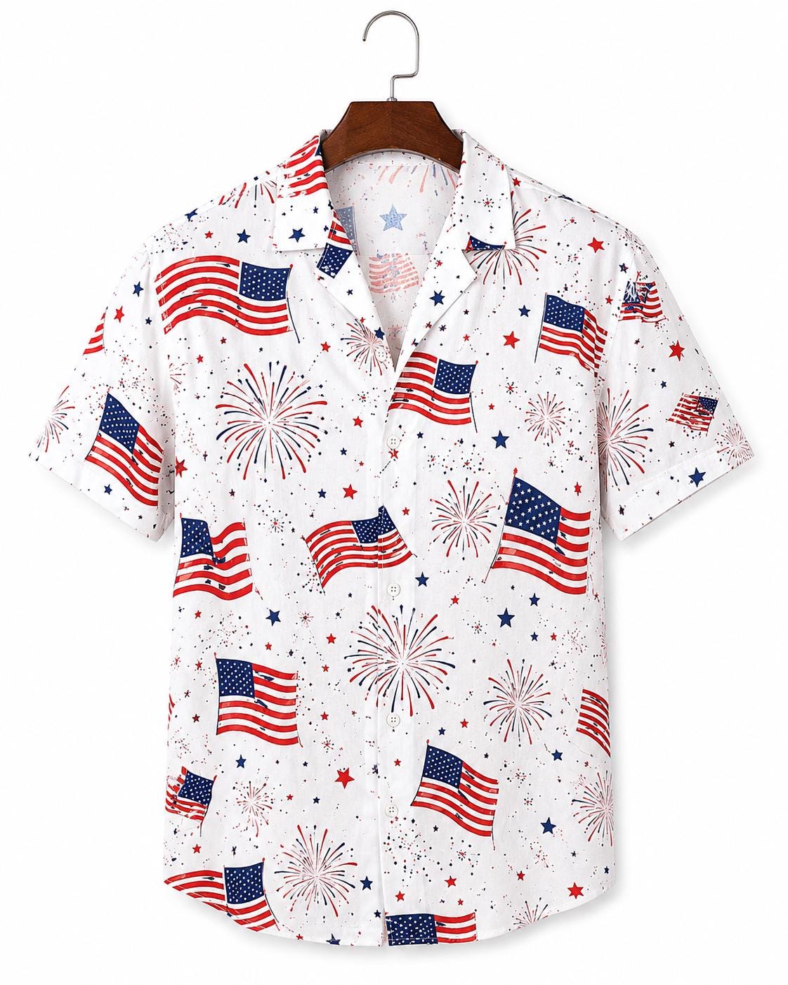 Patriotic American Flag Hawaiian Shirt, USA Firework Button Up Shirt, 4th of July Beach Shirt, Men Summer Vacation Outfit