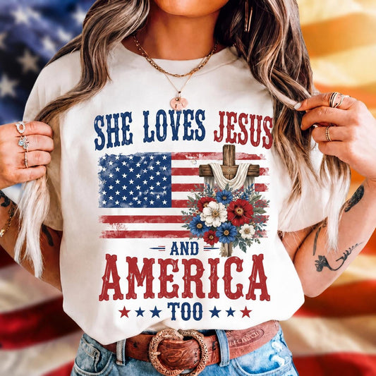 She Loves Jesus And America Too Shirt, Vintage 4th Of July T-shirt, Unisex America Independence Tee, She Loves Jesus Tee, Gift For Her