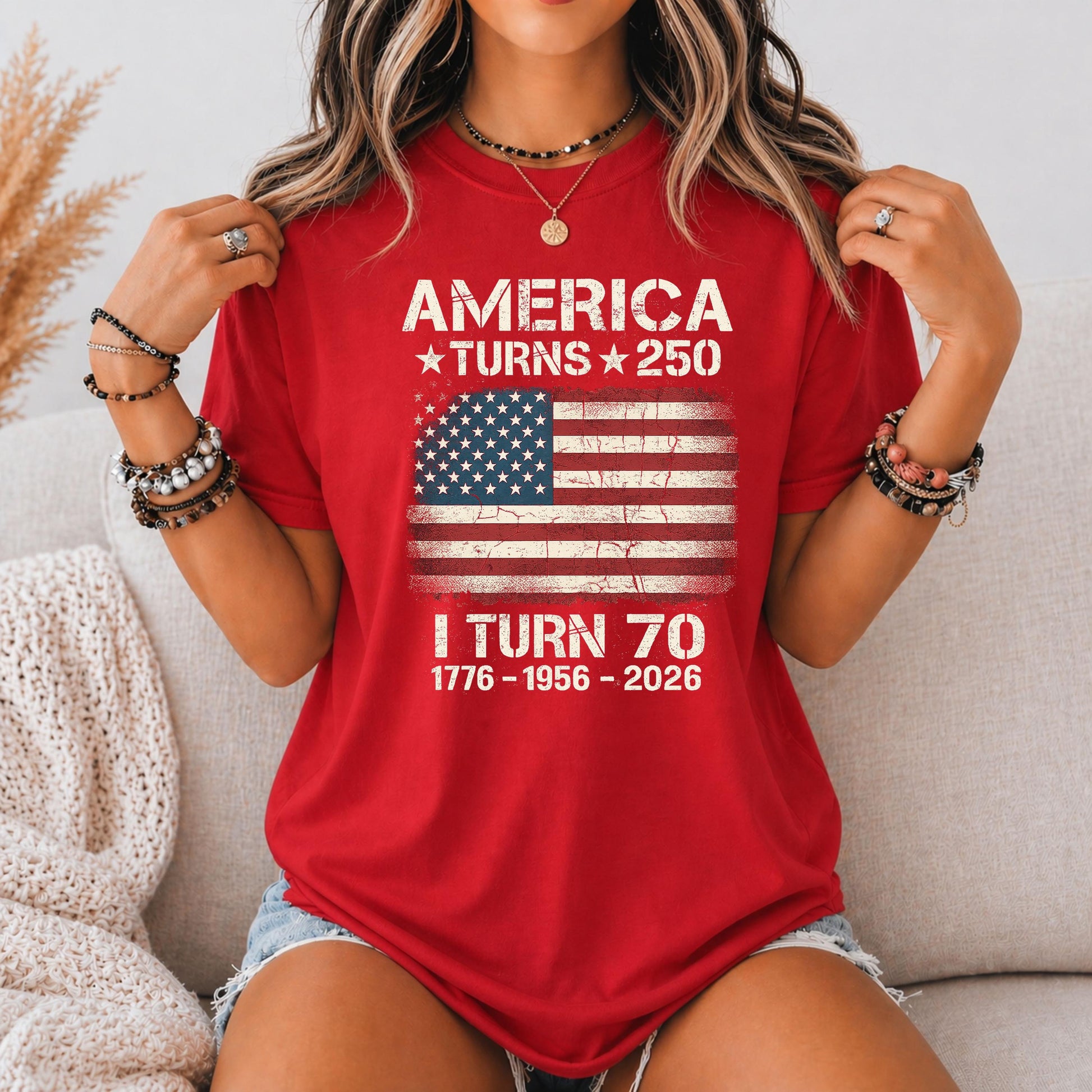Custom America Turns 250 I Turn 70 T-Shirt, Birthday Patriotic USA 1776-2026 Tee, 70th Milestone Birthday Gift for Men Women