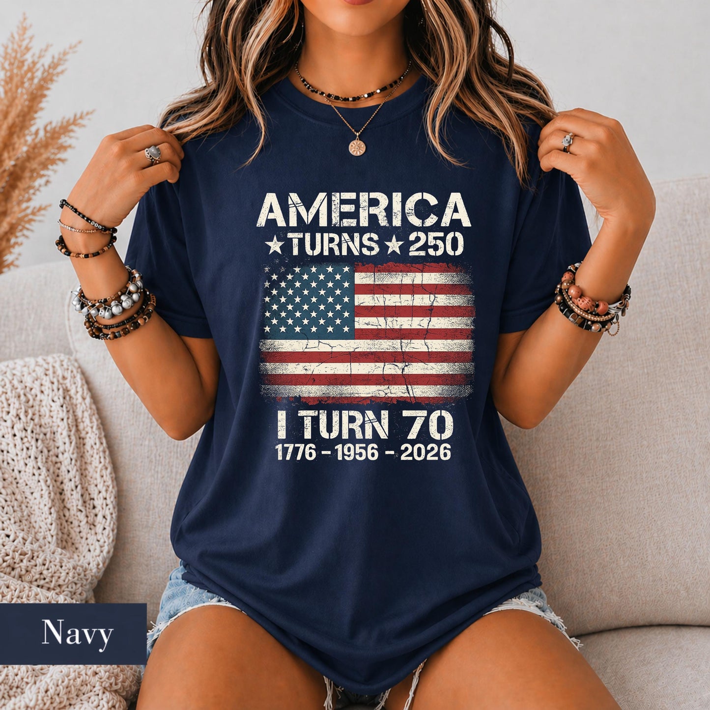 Custom America Turns 250 I Turn 70 T-Shirt, Birthday Patriotic USA 1776-2026 Tee, 70th Milestone Birthday Gift for Men Women
