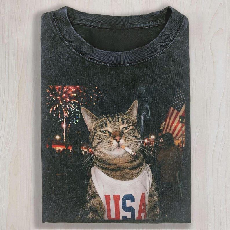 Smoking Cat T-shirt, Fourth of July Shirt, Independence Day, America 250 T-shirt, Animal Lover Tee