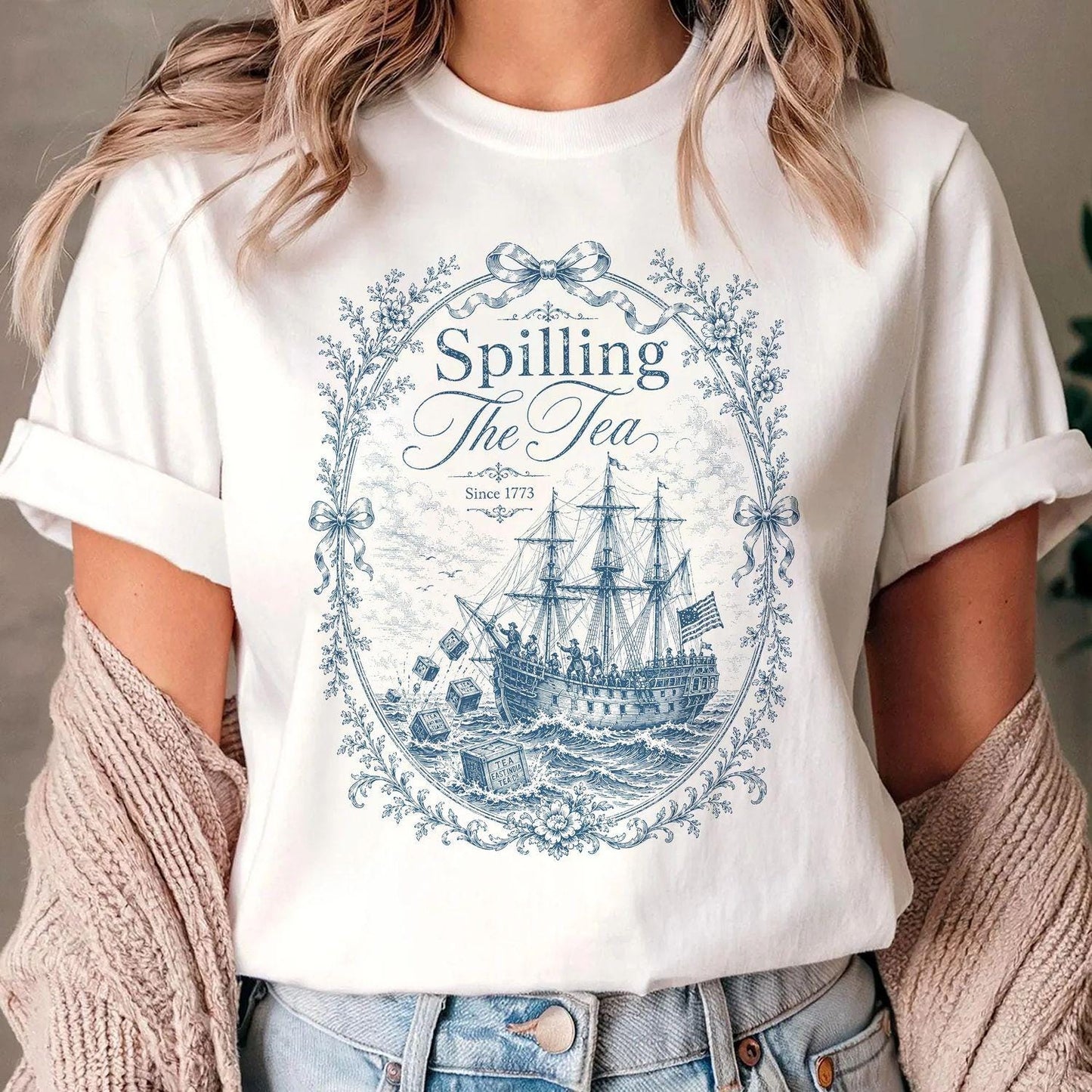Vintage Blue Toile Spilling The Tea Since 1773 Shirt,4th of July Party TShirt, 250th Anniversary USA Patriotic Shirt, Independence Day Tee