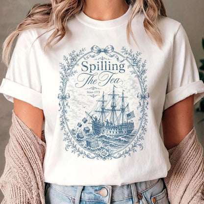 Vintage Blue Toile Spilling The Tea Since 1773 Shirt,4th of July Party TShirt, 250th Anniversary USA Patriotic Shirt, Independence Day Tee