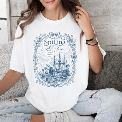 Vintage Blue Toile Spilling The Tea Since 1773 Shirt,4th of July Party TShirt, 250th Anniversary USA Patriotic Shirt, Independence Day Tee