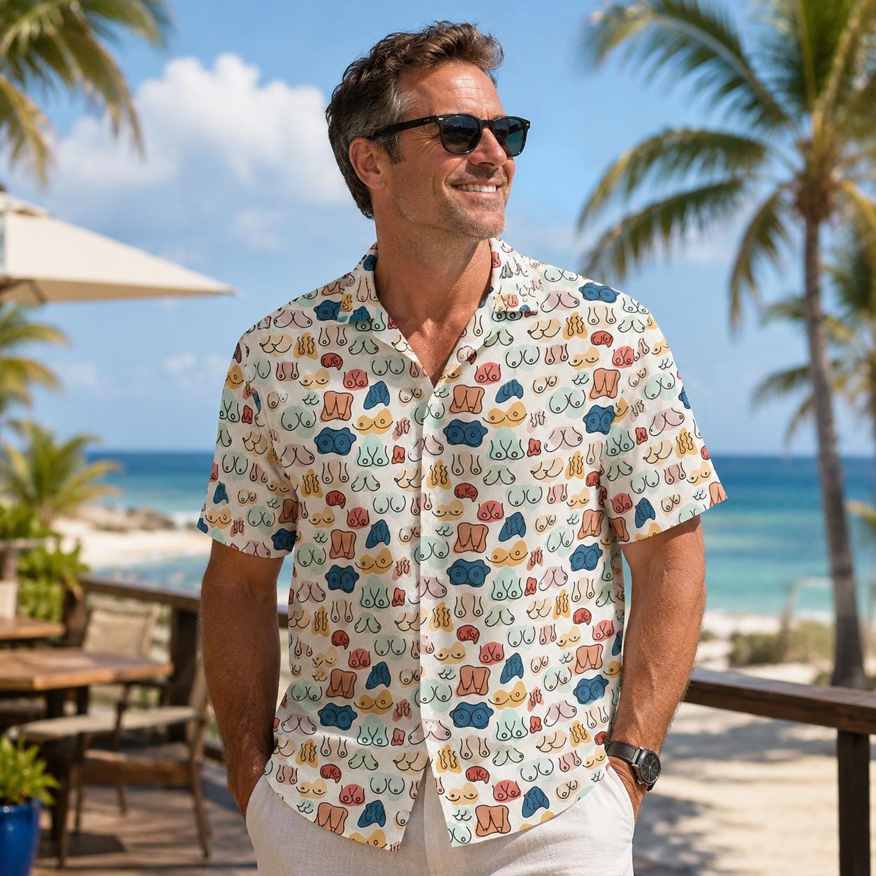 Funny Hawaiian Pattern Button Up, Novelty Beach Wear, Summer Vacation Outfit, Casual Party Top, Mens Tropical Clothing