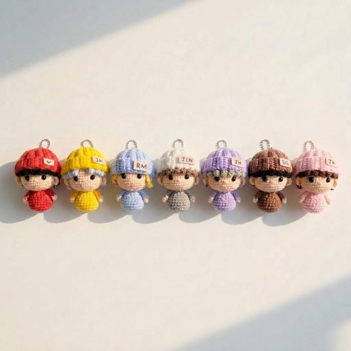 Kpop Band Crochet Doll Keychain Set, Handmade Kpop Band Plush Mini Dolls, Cute Members of KPop Group Gift, Fanmade Keyring Accessories