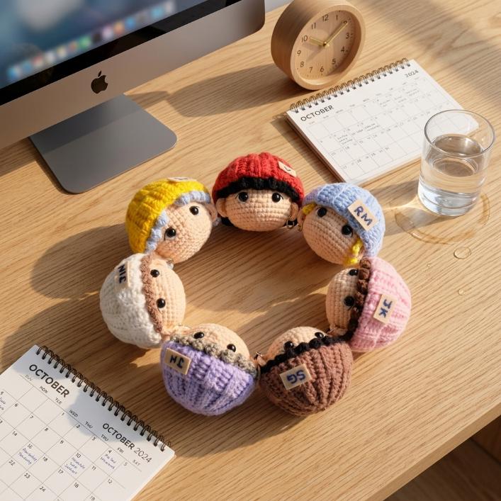 Kpop Band Crochet Doll Keychain Set, Handmade Kpop Band Plush Mini Dolls, Cute Members of KPop Group Gift, Fanmade Keyring Accessories