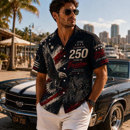 USA 250th Anniversary Mens Hawaiian Shirt, Retro American Flag Button Down, Patriotic 1776-2026 Independence Day Apparel