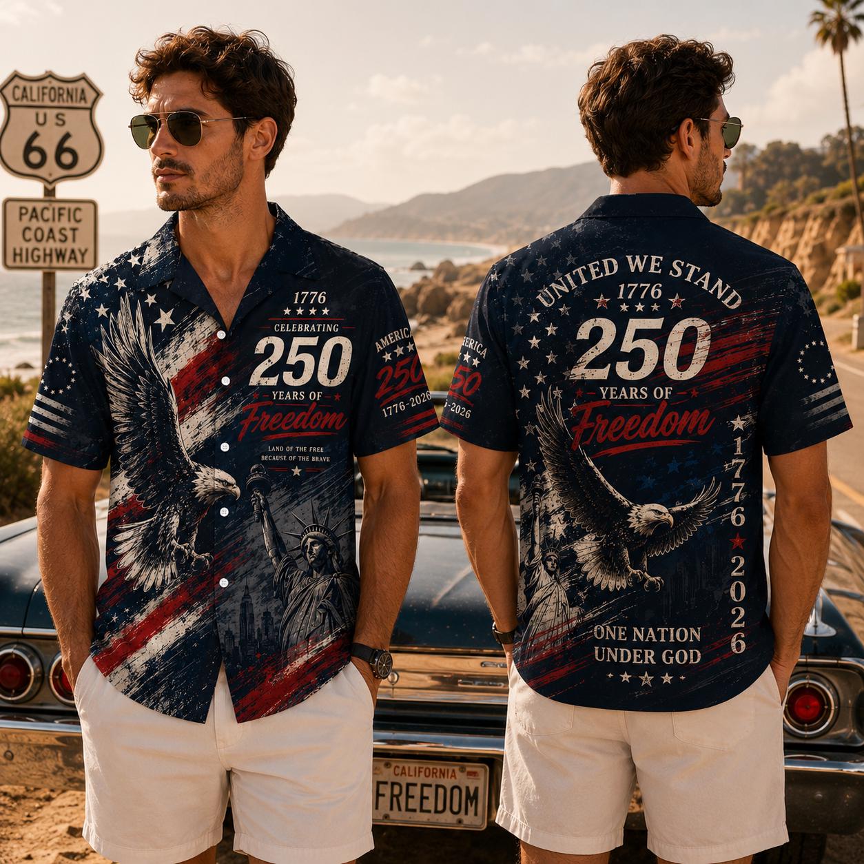 USA 250th Anniversary Mens Hawaiian Shirt, Retro American Flag Button Down, Patriotic 1776-2026 Independence Day Apparel