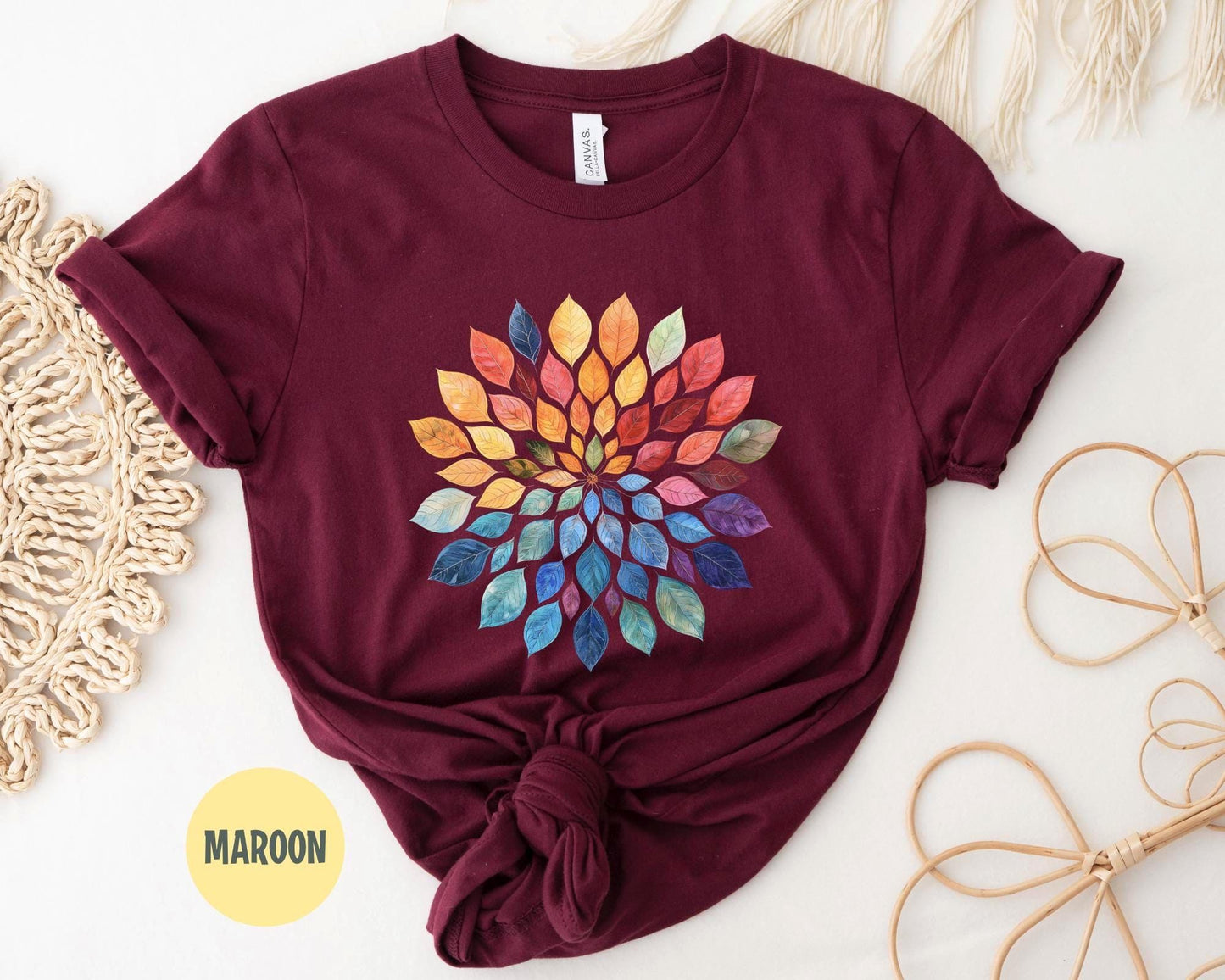 Floral Mandala T-Shirt: Watercolor Leaves Yoga Shirt