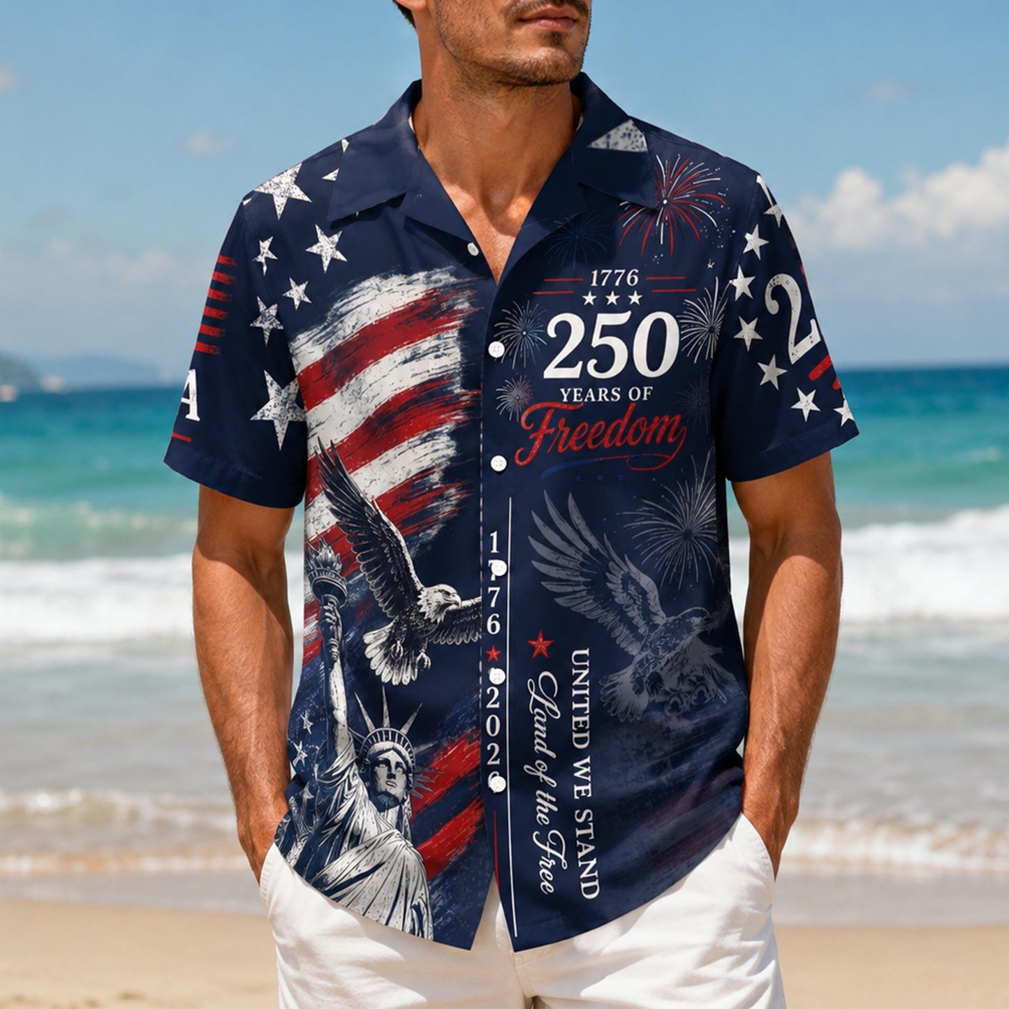 USA 250th Anniversary Mens Hawaiian Shirt, Retro American Flag Button Down, Patriotic 1776-2026 Independence Day Apparel