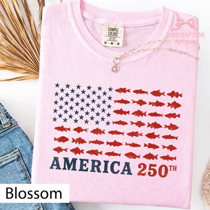 America 250th Fishing Flag Comfort Colors Shirt, USA 250 Years Fishing Tee, Patriotic Fisherman Unisex T-Shirt, 4th of July Angler Gift