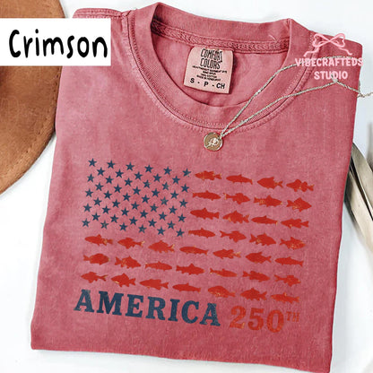 America 250th Fishing Flag Comfort Colors Shirt, USA 250 Years Fishing Tee, Patriotic Fisherman Unisex T-Shirt, 4th of July Angler Gift