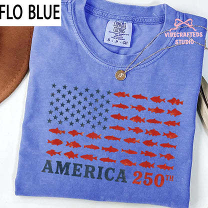 America 250th Fishing Flag Comfort Colors Shirt, USA 250 Years Fishing Tee, Patriotic Fisherman Unisex T-Shirt, 4th of July Angler Gift