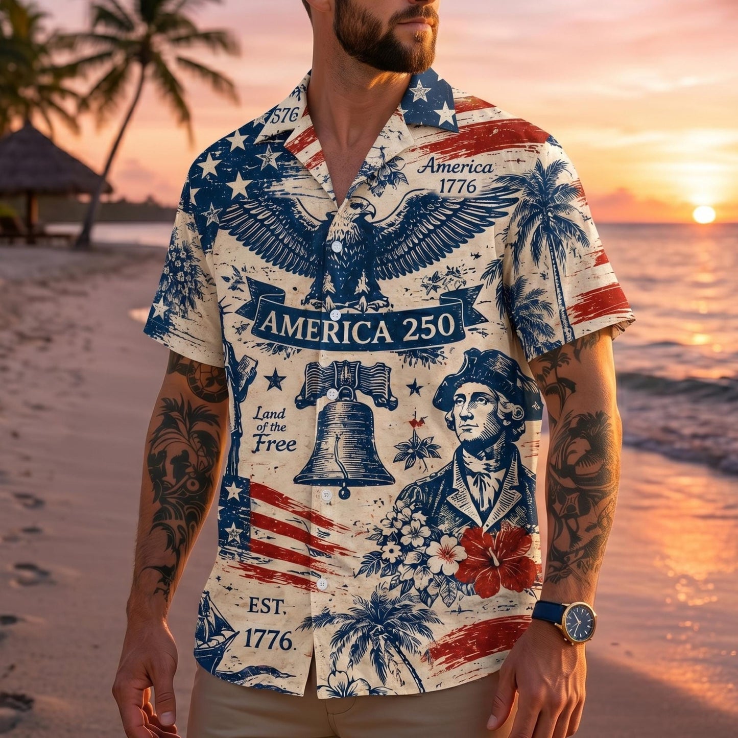 America 250 Hawaiian Shirt 1776-2026, Patriotic Button Down Shirt, Vintage USA Independence Day Shirt
