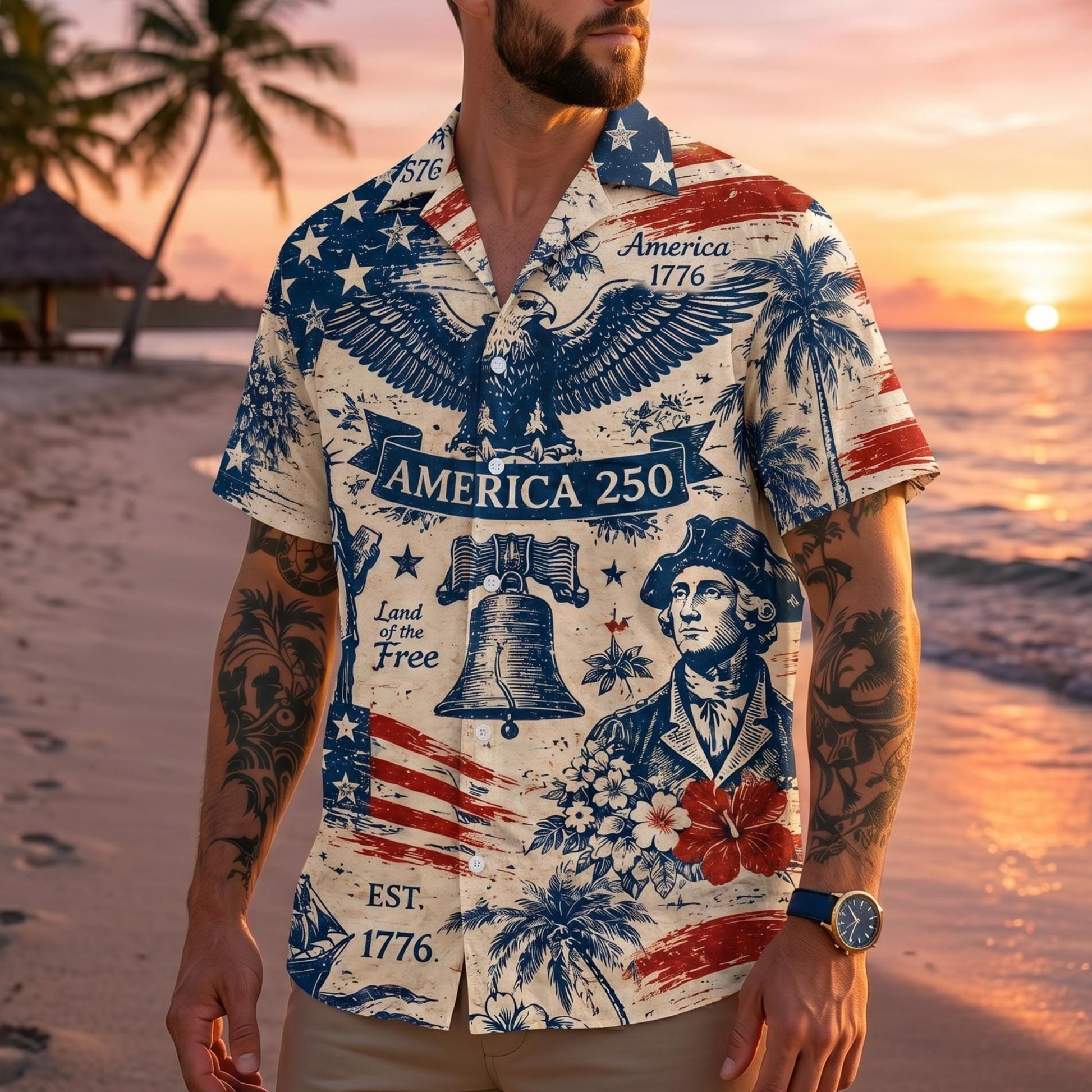 America 250 Hawaiian Shirt 1776-2026, Patriotic Button Down Shirt, Vintage USA Independence Day Shirt