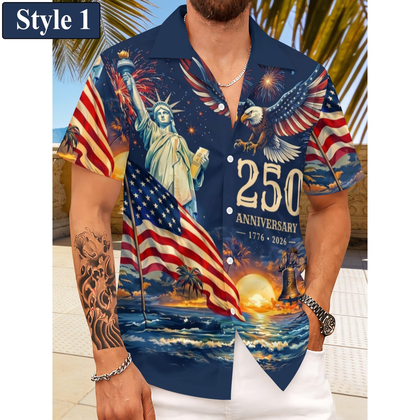 Men's Hawaiian Shirt America's Freedom 250th Anniversary,1776-2026 Patriotic Short Sleeve Button Down Vintage Shirt,United States 250 Years