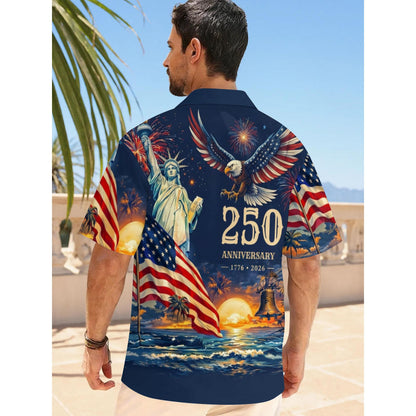 Men's Hawaiian Shirt America's Freedom 250th Anniversary,1776-2026 Patriotic Short Sleeve Button Down Vintage Shirt,United States 250 Years
