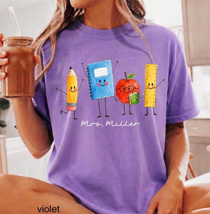 Comfort Colors Custom Back to School Teacher Shirt, Personalized Teacher Team Shirts Grade Level Doodle Tee Kindergarten First Day of School