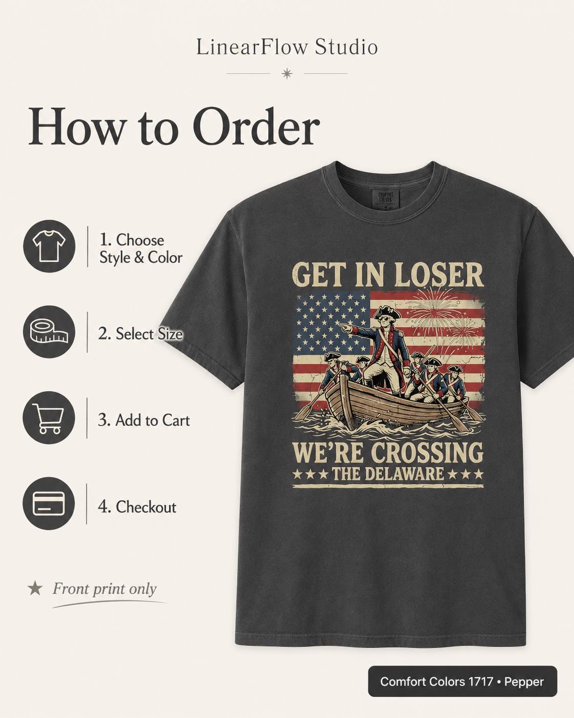 Get In Loser Crossing Delaware Shirt, Funny Patriotic History T-Shirt, Vintage American Revolution Tee, 4th of July USA Gift Shirt